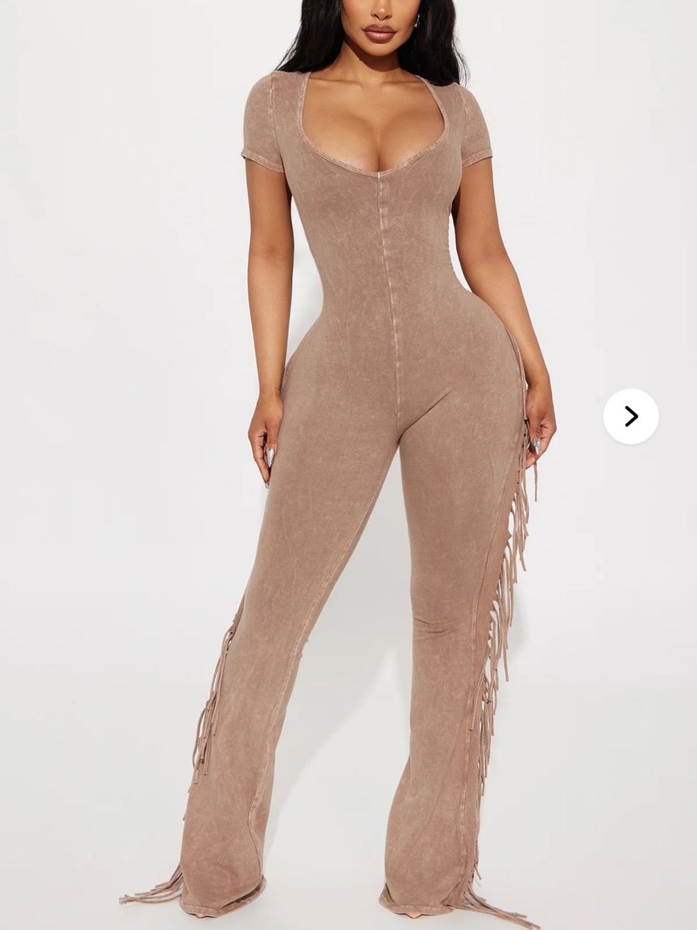 Fashion Nova Taupe Fringe Short Sleeve Jumpsuit